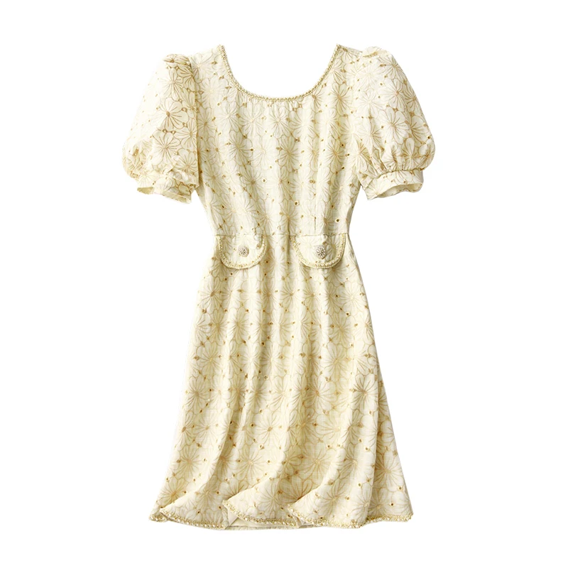 

SHUCHAN Woman Dress Puff Sleeve Sheath Vintage Above Knee, Mini Pearl Flower Embroidery More Show Temperament Beading