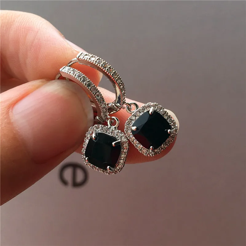 Fashion Female Pink Blue Zircon Stone Earrings Elegant Square Hoop Earrings For Women 925 Sterling Silver Wedding Earrings - Metal Color: Black