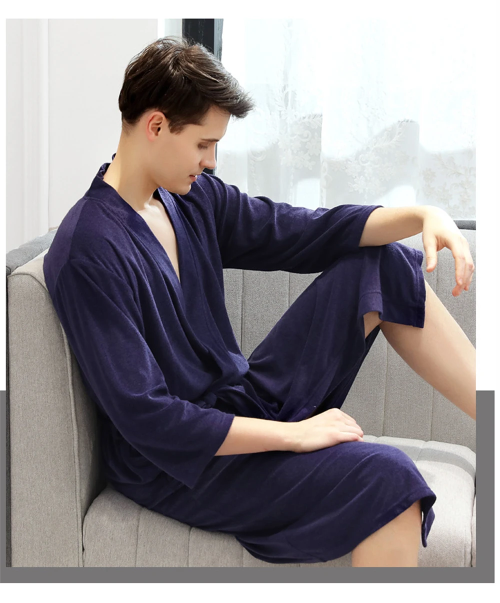 Мужской халат, пара тонких быстросохнущих пижам yukata, домашняя одежда, ночная рубашка, серый, красный, коричневый, roupao feminino
