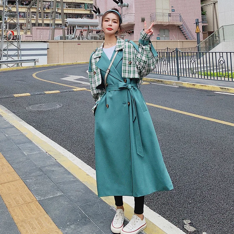 

Тренчкот женский длинный в клетку, модный элегантный зеленый двубортный Свободный плащ-ветровка с поясом, в Корейском стиле, весна-осень A02