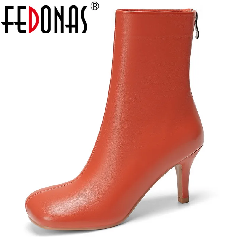 

Женские ботильоны на тонком каблуке FEDONAS, коричневые ботинки из натуральной кожи, с круглым носком, на молнии сзади, для зимы, 2021