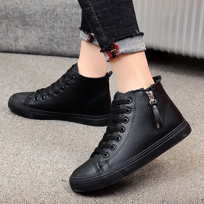 

Unisex PU Leather Boots Women Zipper Luxury Brand Ankle Boots Girls Student School Autumn Shoes 2021