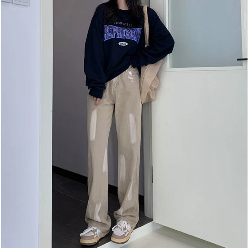 

Denim Khaki Pants Women High Waist Streetwear Wide Leg Jeans Fashion Korean Plus Size Pants Loose Plus Size Straight Jeans
