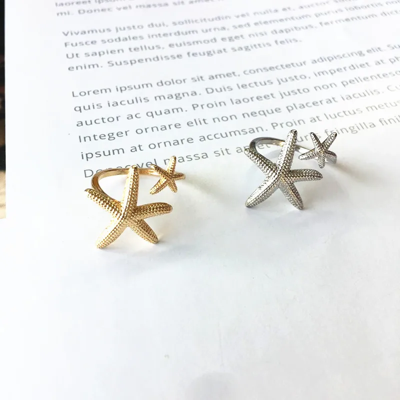 

New Design Double Cute Starfish Open Rings Gold Color Alloy Beach Starfish Adjustable Finger Ring For Women Birthday Gifts