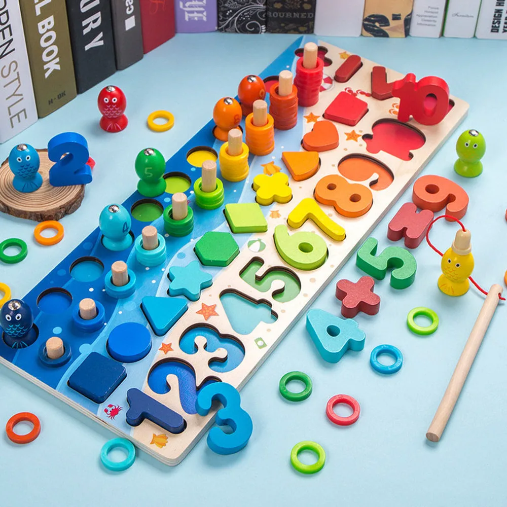 

Preschool Wooden Montessori Toys Count Geometric Shape Cognition Match Kids Early Education Teaching Aids Math Toys for Children