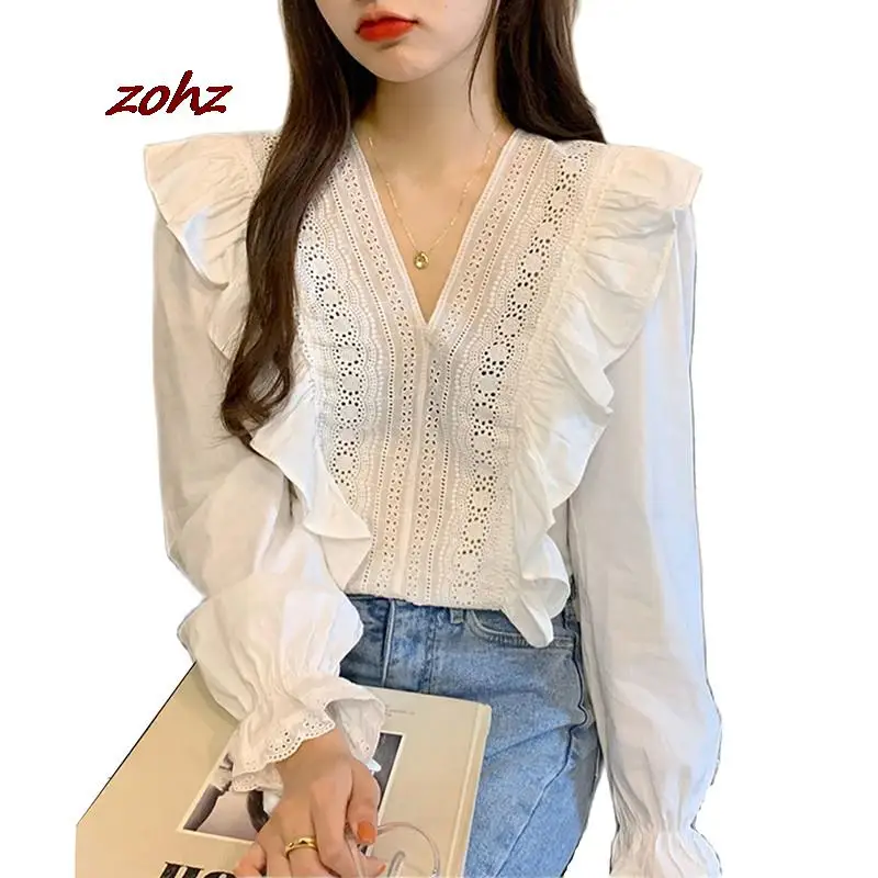 

Elegant Ruffles White Shirt For Women Korean V Neck Flare Long Sleeve Blouse Sweet Hollow Out Lace Patchwork Tops Blusa Feminina