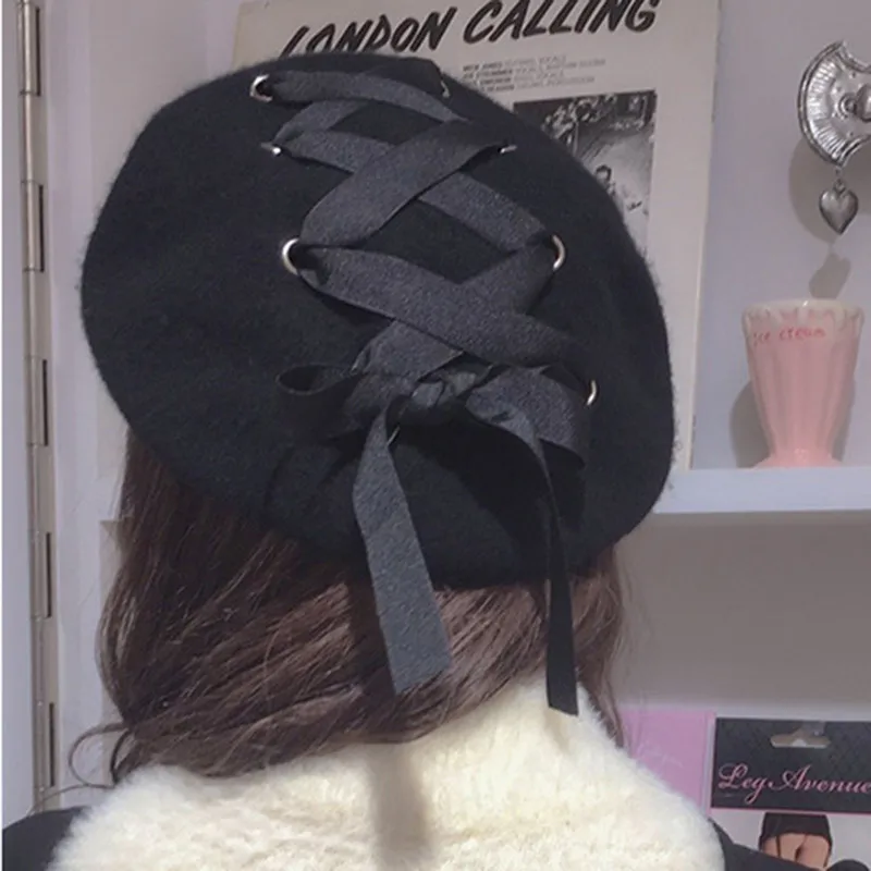 

Wool Beret for Women Fashion Apparel Accessories Vintage Lace-up Painting Cap Velvet Beanie Hat Women's Headwear