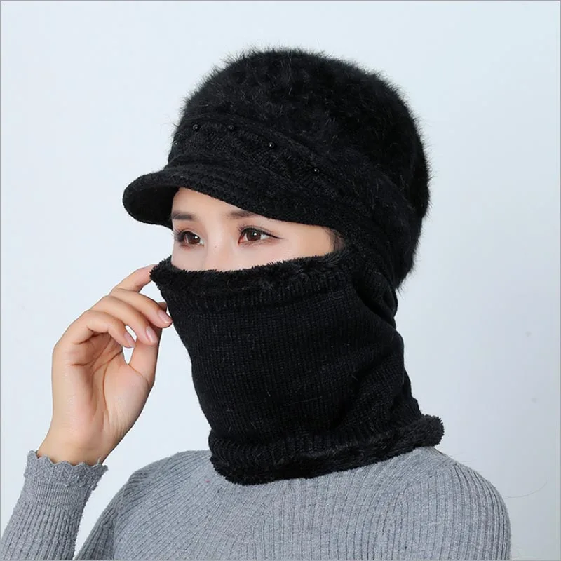 

Women Skullies Beanies Winter Mother Hat Pearl Rabbit fur Knitted Hat Scarf Female Hats For Women Wool Beanie Cap Mask Hat