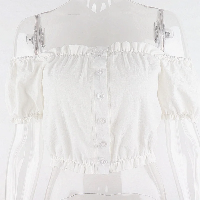

100% Cotton 2021 New Fashion Women Off Shoulder Puff Short Sleeve Button White Blouse Summer Female Ruffle Sexy Crop Tops