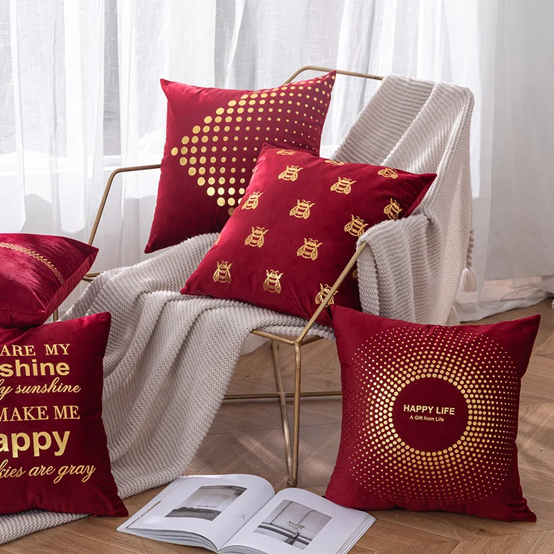 

Velvet red letter happy life home decorative cushion cover cute bee gilding shining pillow cover dot circle seat soft pillowcase