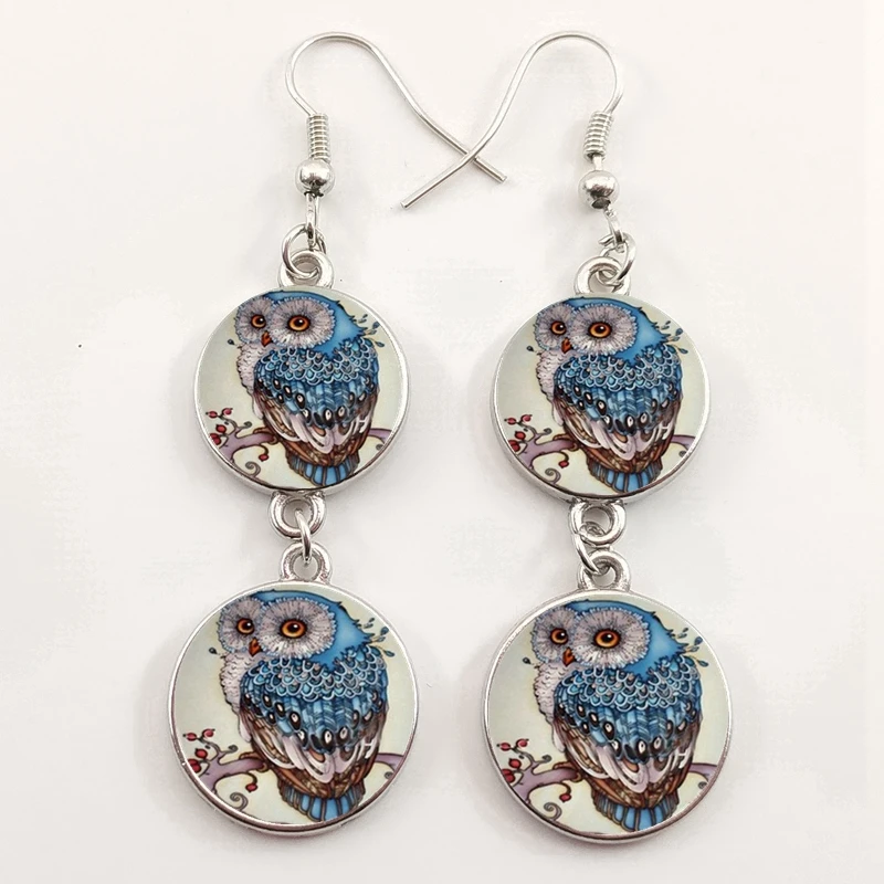 Винтажная милая сова искусство планшетов очаровательное стекло кабошон серьга Ms