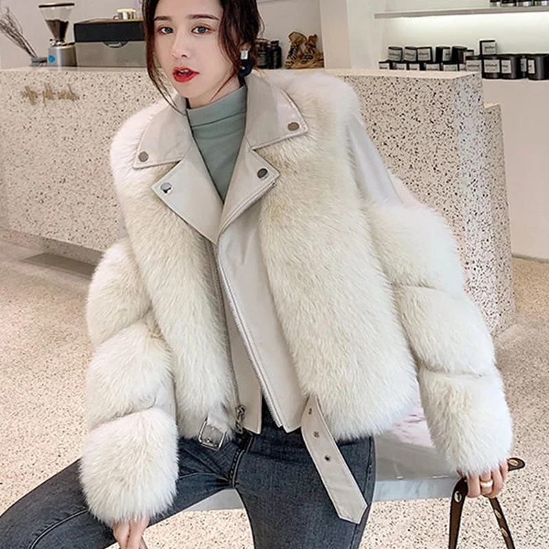 

2020 Luxury Short Winter Jacket Women Outwear Thick Faux Fox Fur Coat PU Leather Jackets Warm Streetwear Coat