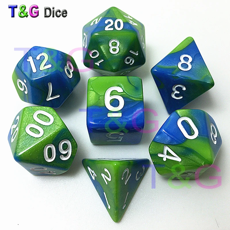 Забавные 2 цвета зеленый микс синий мульти сторонний кубики 7 кости набор для D &amp