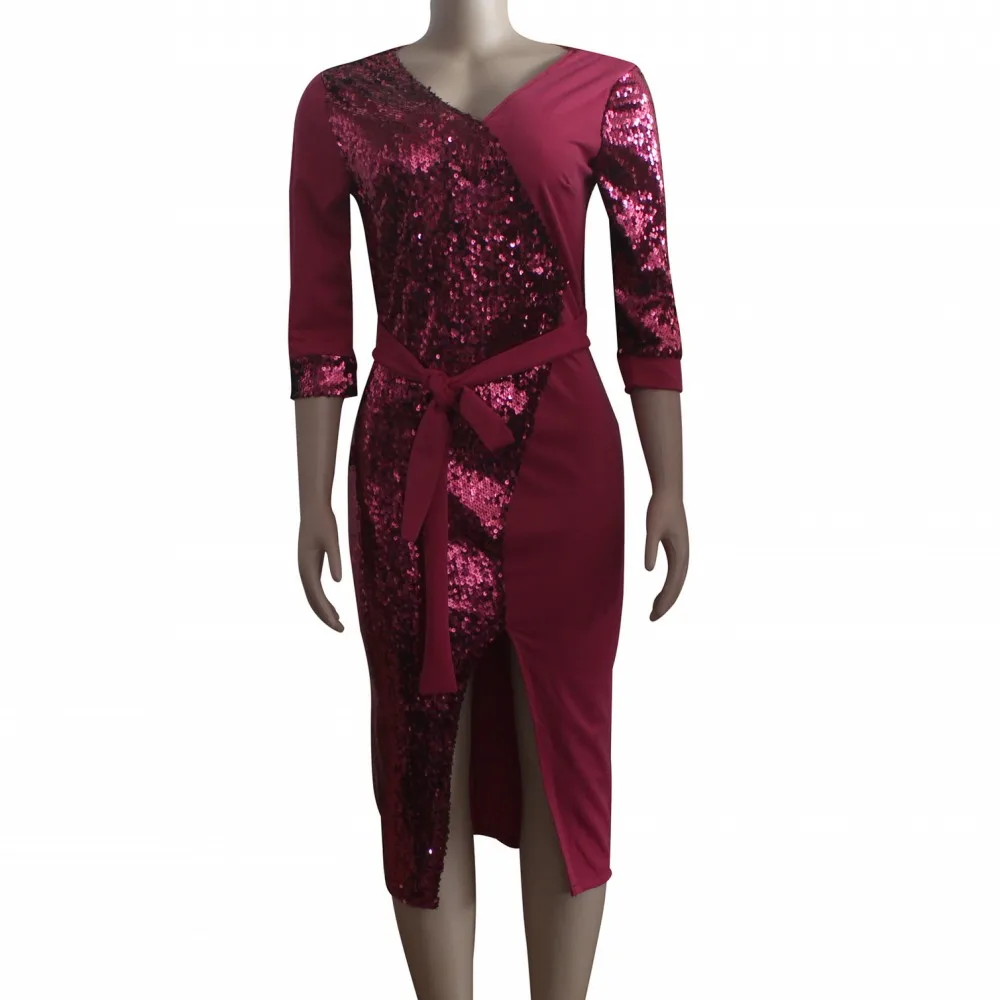

European And African Elegant Women's Dress Sequins Sexy Nightclub Style Splicing V-neck High-waist Women's Dress 2021 New Style