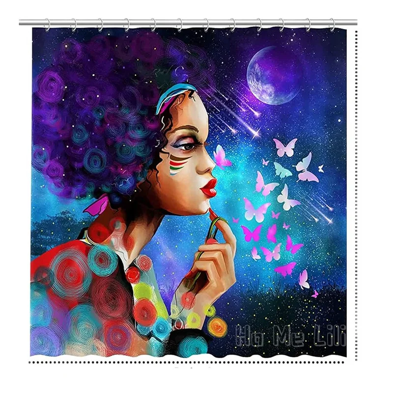 

Black Girl Shower Curtain Afro Sexy Women African With Hooks Waterproof Polyester Fabric Queen Magic Starry Night Moon