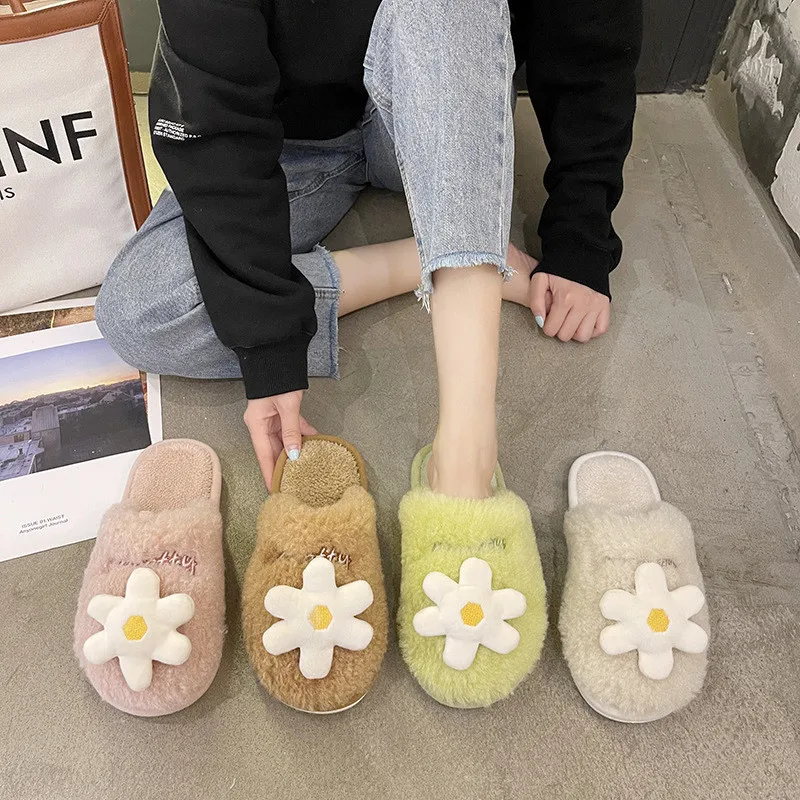 Winter Women Home Cotton Slippers Fluffy Hairy Slides Cute Floral Warm Floor Shoes Memory Foam Soft Short Plush Faux Fur Slipper