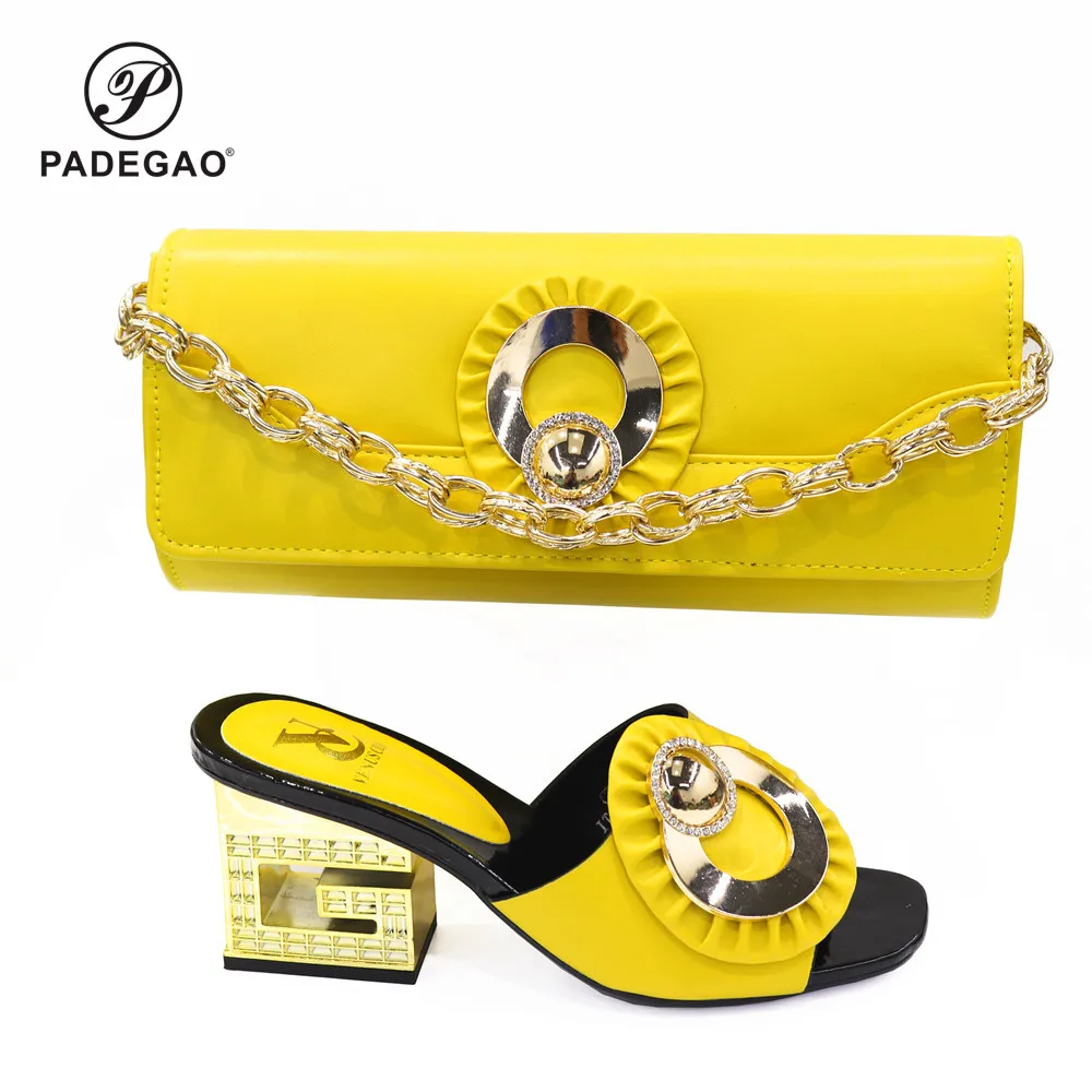 

Женская обувь и сумка Nigeiran желтого цвета, подходящая к Африканской женской обуви, сумка для свадьбы с блестящим кристаллом, 2021