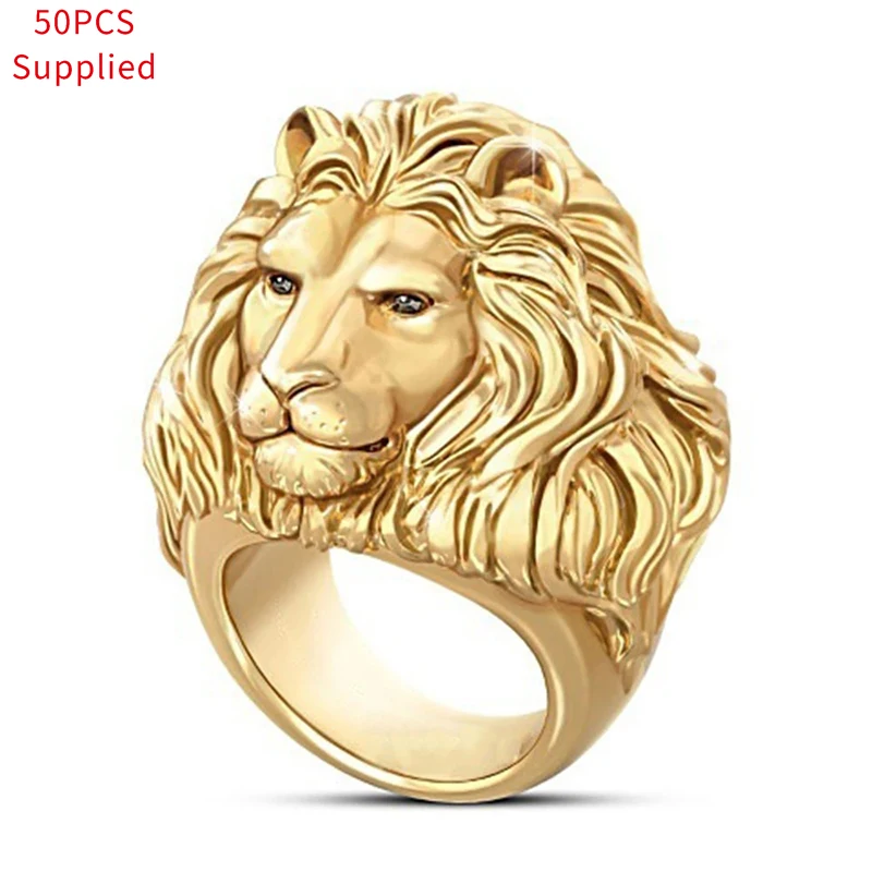 

50pcs Plated Gold Lion Head Men Ring King Of Forest Punk Animal Male Jewelry Fashion And Rock Style Best Gift Rings Supplied