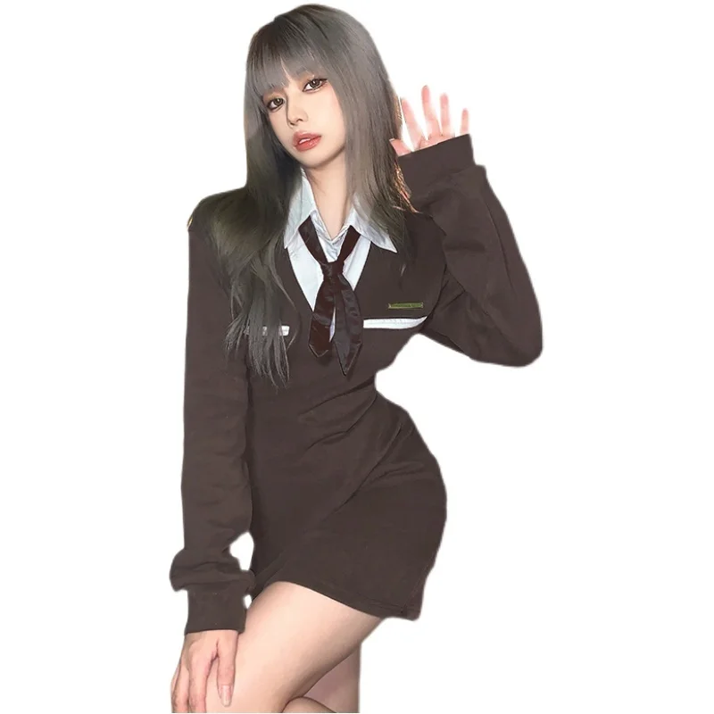 Платье XUXI с воротником-поло имитация двух платьев длинным рукавом Женская