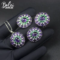 bolai big luxury natural amethyst jewelry sets kits 925 sterling silver necklace earrings ring 86mm gemstone for woman party
