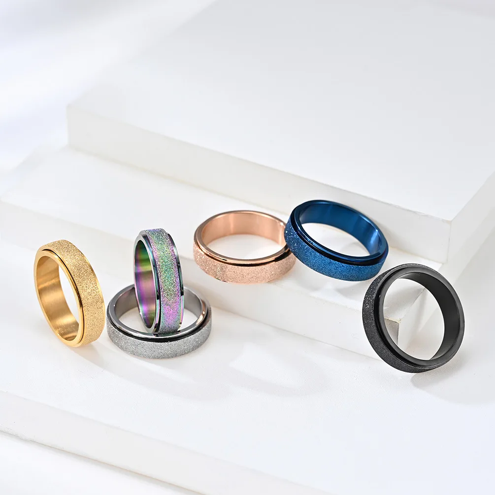 

Stainless Steel Colorful Rotating Ring Punk Jewelry Rose Gold Titanium Steel Frosted Ring Color Pearl Sand Ring Jewelry