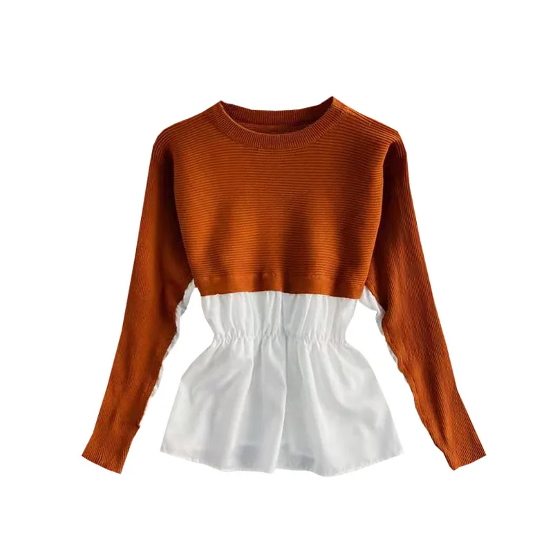 

Spring new fashion loose fake two piece Pullover knitted stitching with thin waist and lotus leaf Pullover