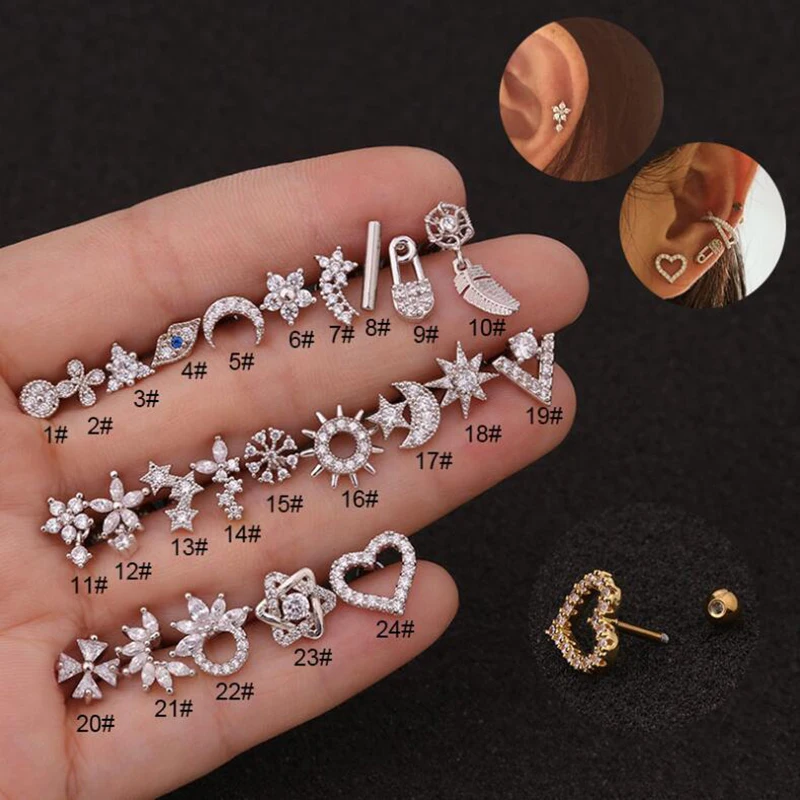 New Creative Flower Earrings Stainless Steel Screw Female Zircon Ear Bone Nails Foreign Trade Hot Puncture | Украшения и