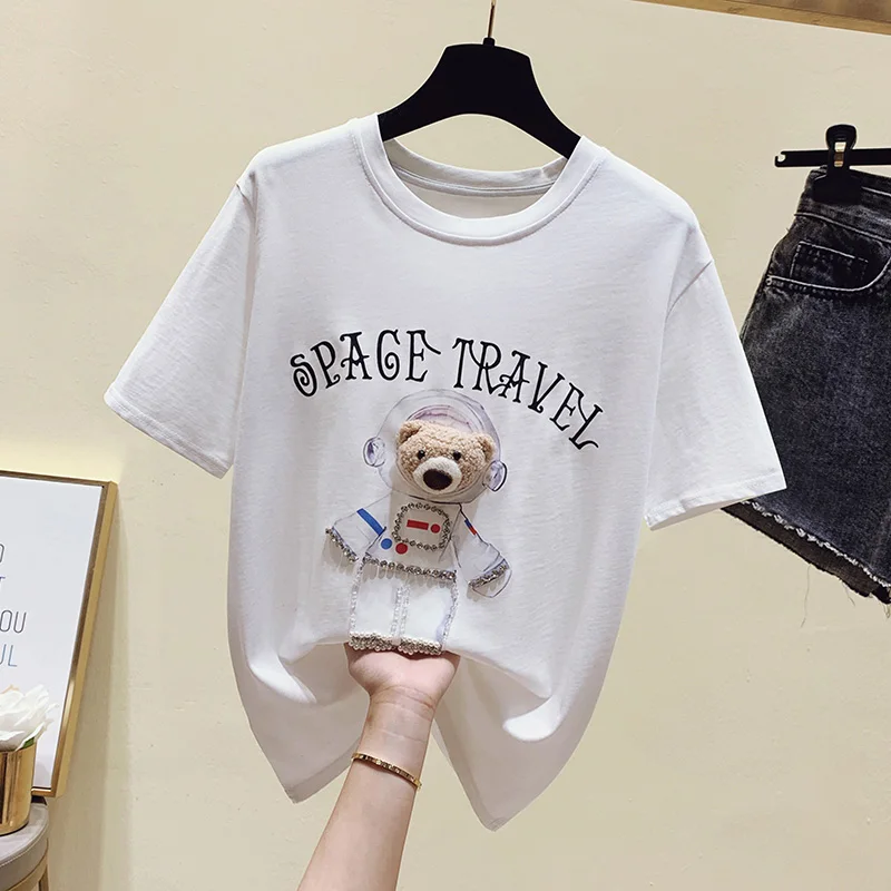 

Корейская мода Медведь трехмерные украшения Графические футболки трубки топ, футболка, рубашка женская футболка DM001