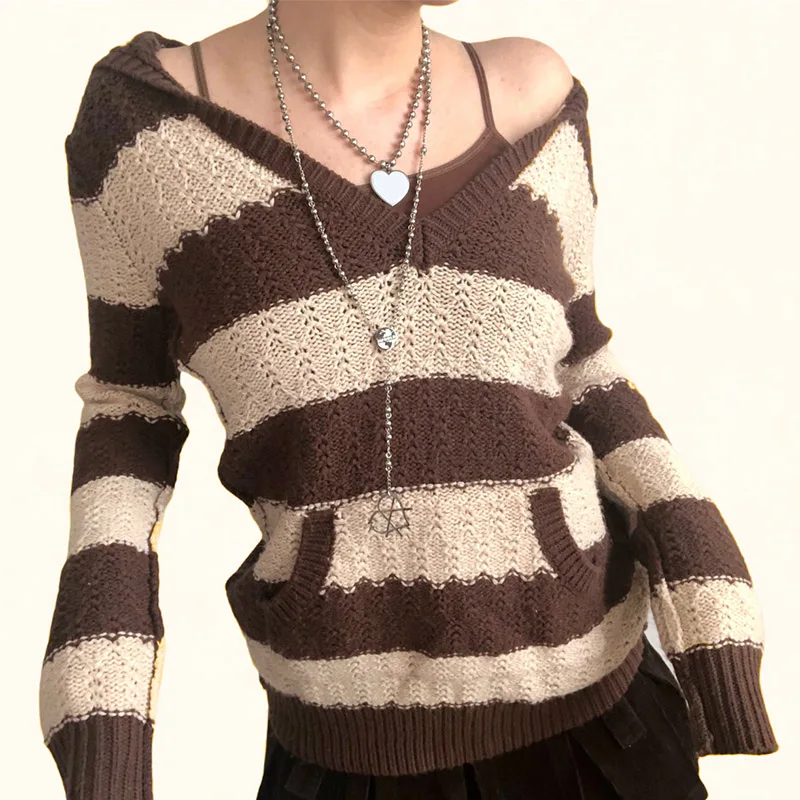 

Fall Winter Women's Sweater Casual Hooded Sweatshirts Adults Color Block Striped Long Sleeve Knit Pullover Warm Clothes Fashion
