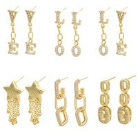 dangle chain earrings for women cz earing love star geometric gold silver color stud drop tassel letters piercing asymmetrical