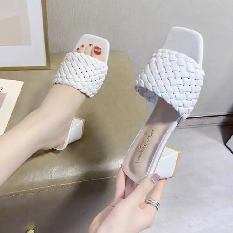

Slippers women's summer high heel thick heel square knitting sandal 2021 new shoes children's shoes