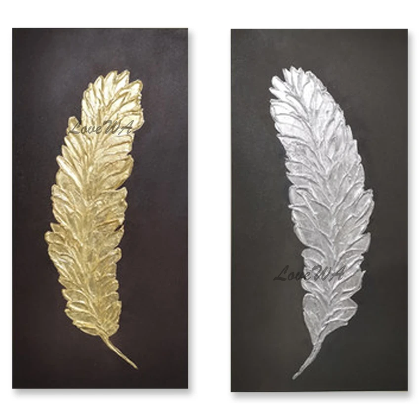 

New Arrival Gold And Silver Feather Art Oil Painting Hand Painted Abstract Foil Texture Canvas Wall Decor Panel Paintings Art
