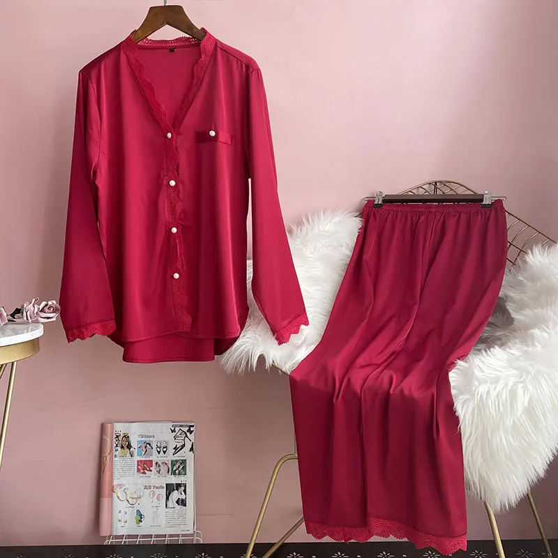 

Casual Women 2PCS Sleep Set Lace Nightwear Pajamas Suit Spring Autumn New Sleepwear Satin Pyjamas Sleep Set Intimate Lingerie