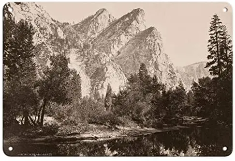 

Three Brothers - Yosemite Valley, California - Black and White Historical Photograph by Carleton E. Watkins c.1865- Metal Sign