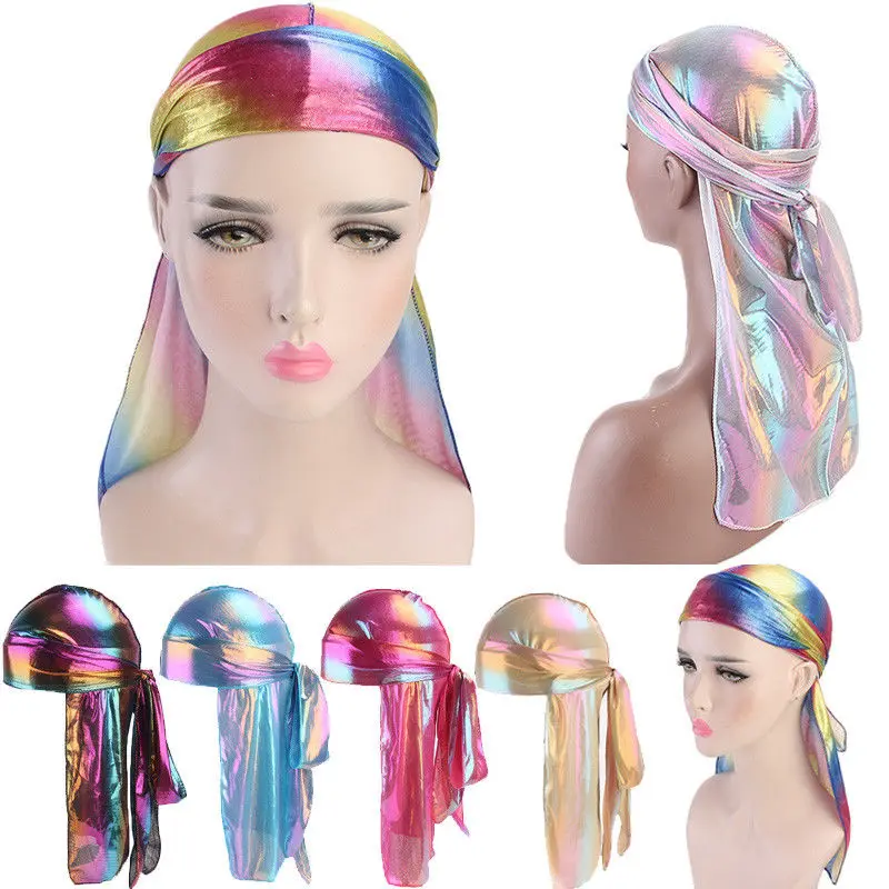 

1 PC Unisex Silk Durags Bandana Turban Hat with Bandage Pirate Caps 6 Colors Drawstring Headcover Wraps