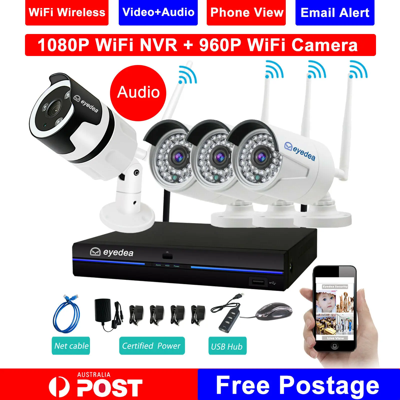 Eyedea Беспроводная CCTV камера система 4CH WiFi 1080P NVR 960P Аудио наружное оповещение о