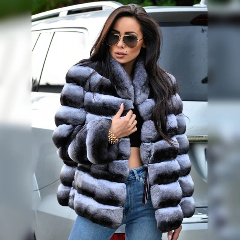 Fashion Short Real Rex Rabbit Fur Jacket Stand Collar Natural Whole Skin Genuine Rabbit Fur Coats Chinchilla Color 2022 Trendy
