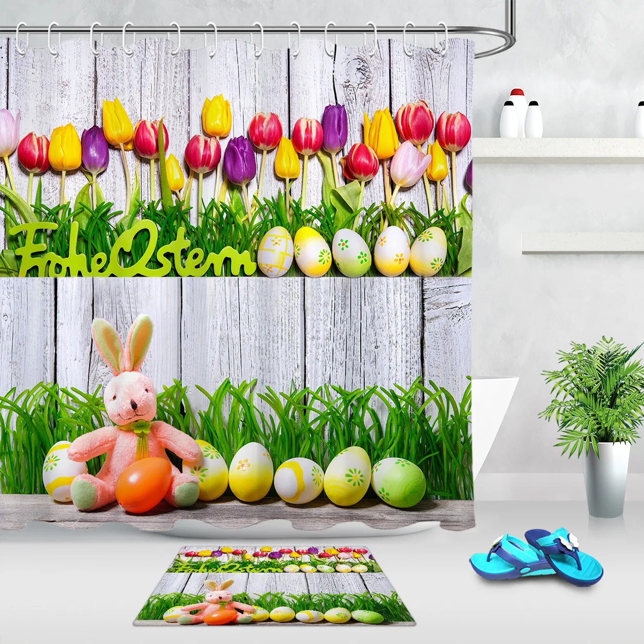 

Пасхальные яйца кролик Тюльпан Цветок деревянная доска живопись занавеска для душа водонепроницаемый домашний декор прочная ткань занаве...