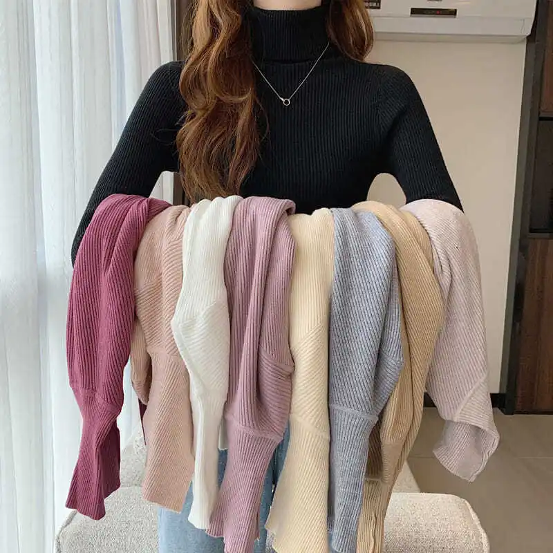 

Sueter Mujer Solid Turtleneck Striped Sweater Casual Pullover Blouse Knitted Ribbed Jumpers Long Sleeve High Street Lovely Tops