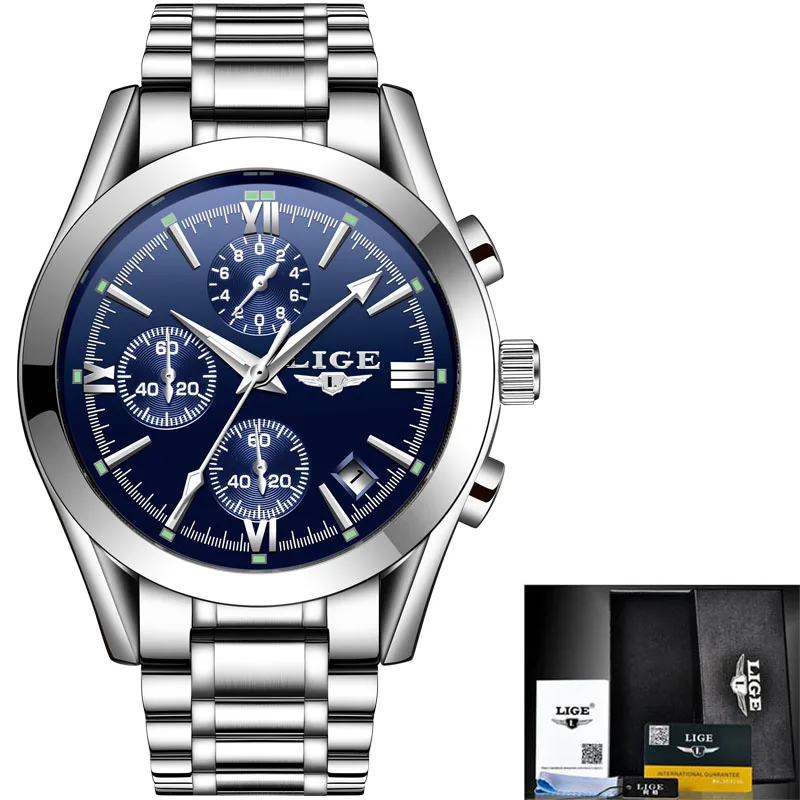 silver blue LIGE мужские часы модные повседневные спортивные кварцевые часы Мужские часы-Хронограф Мужские Кожаные Деловые наручные часы Relogio Masculino - Цвет: silver blue