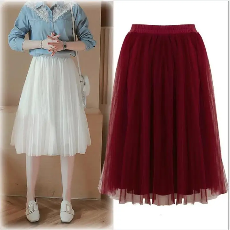 Women Girl Skirt High Waist Mesh Female Autumn and Winter Elegant Fairy Big Swing Pleated Fashion Solid Color A skirt CL81 | Женские юбки