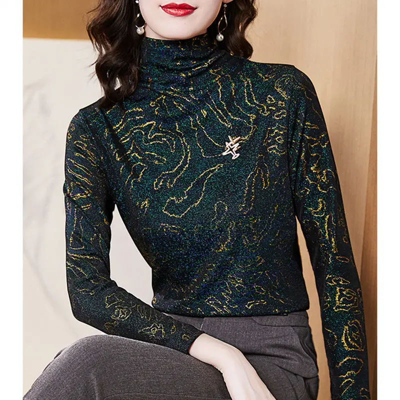 

Net yarn bottoming shirt women 2021 spring and autumn new high-necked tops are thin and versatile long-sleeved T-shirt women