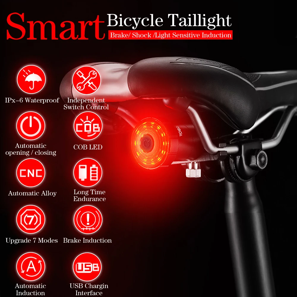 

7 Modes Smart Bicycle Rear Light Auto Start/Stop Brake Sensing IPX5 Waterproof USB Charge Cycling Tail Taillight Bike LED Light