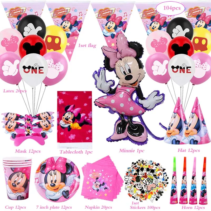 

Disney Pink Minnie Mouse Cute Party Supplies Balloon Paper Cup Plate sticker Kids Faovr Girl Birthday Party Baby Shower Decor
