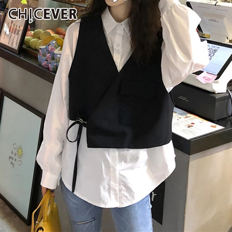 CHICEVER/корейский женский жилет на шнуровке с v образным вырезом безрукавка