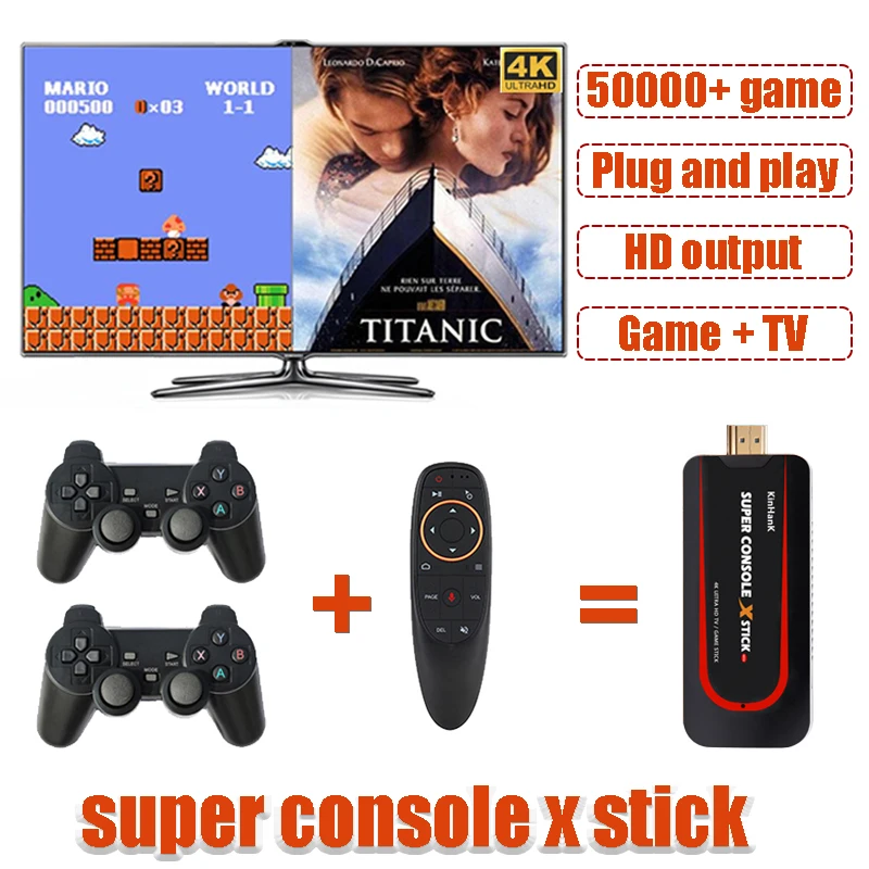 

Super Console X Stick Mini Video Game Console Emulator Built-in 50000+ Games Double Controller Player 4K 64 Bit Retro Console