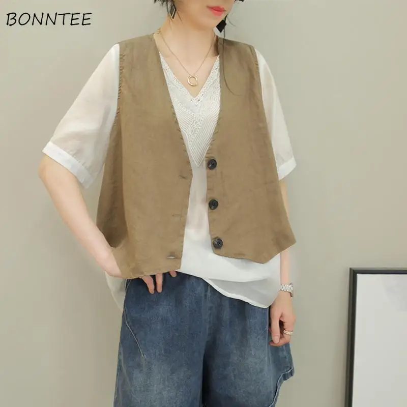 

Vests Women Summer Simple Loose Casual All-match Outwear Thin Cropped Tunic Fashion Waistcoats High Street Soft Single Breasted