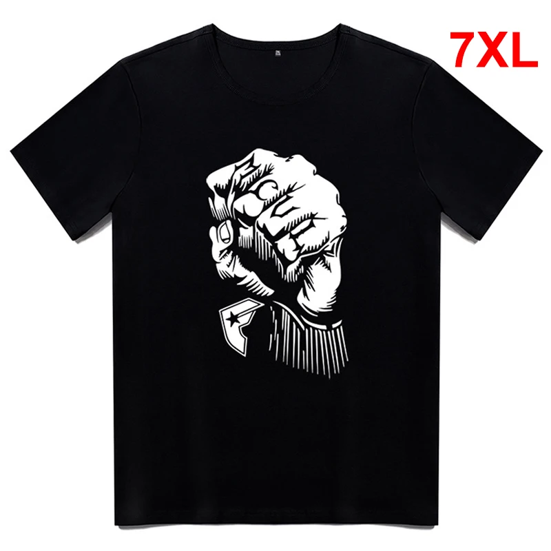 Черные футболки оверсайз мужские летние кулак печати случайные свободные топы и