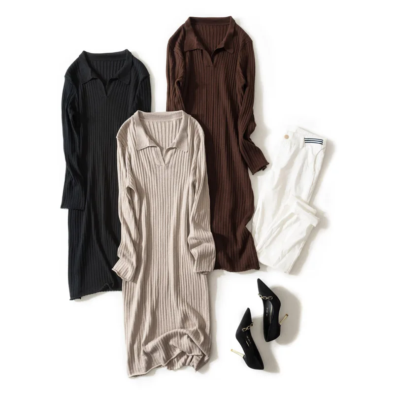 Осенне-зимняя рубашка поло с отворотами очень длинная свободная юбка-свитер