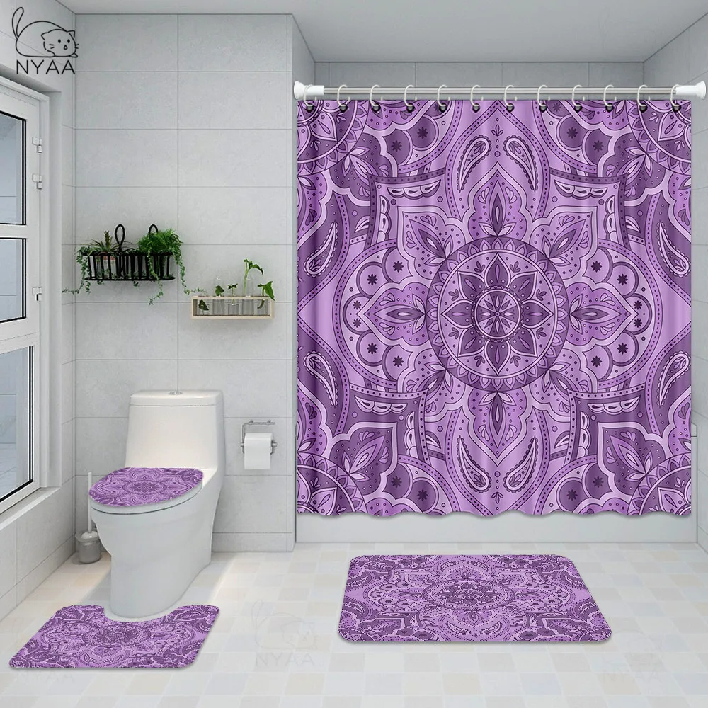 

NYAA Indian Mandala Waterproof Fabric Geometric Bohemian Shower Curtain Set With Non Slip Toilet Cover Rugs Mat Home Decoration